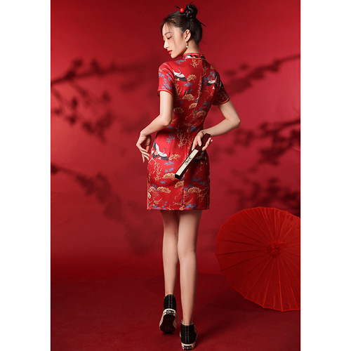 Modified Retro Printed Chinese Dresses Qipao Side slit Asian Theme Party Cosplay Dresses for women girls  red cheongsam toast with suit young 
