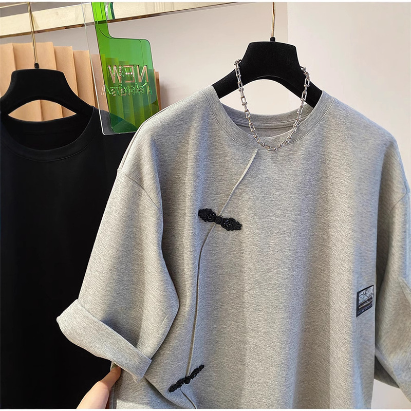 2025 Summer New High-end Sense New Chinese Button T-shirt Women's Short-sleeved Grey Loose Round Neck Base Shirt Top