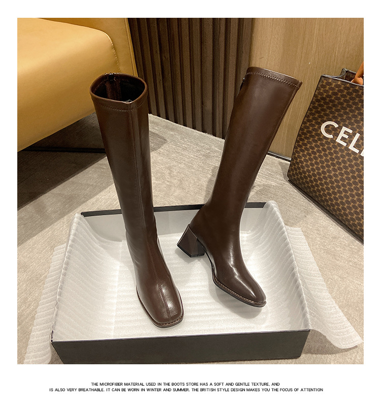Brown Knee High Boots For Women With Thick Heels And Square Toe_voghion.com