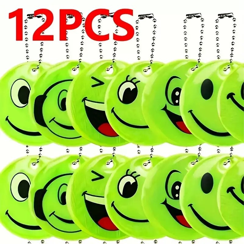 Round smiley face reflective pendant, children's backpack charm, night-time reflective PVC emoji, reflective keychain, mixed batch