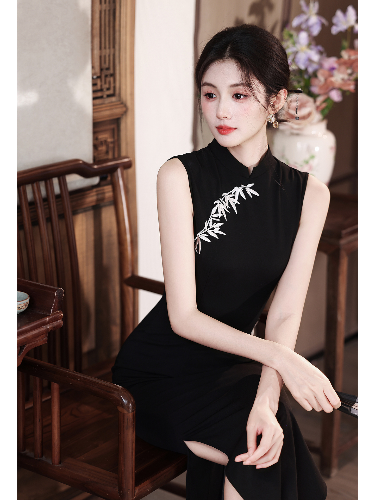 Black retro summer elegant lightweight cheongsam sleevless