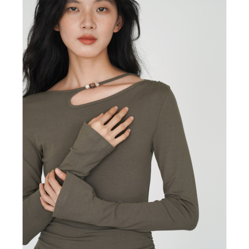 黑色修身显瘦镂空长袖t恤女装秋季新款高级感挂脖不规则上衣跨境|undefined
