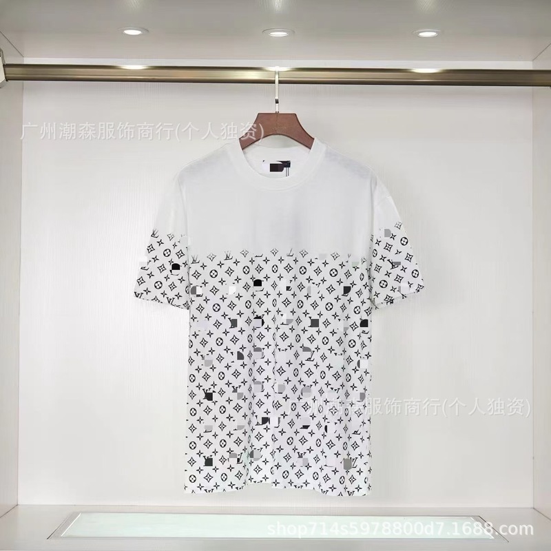 现货跨境奢潮驴家高品质L满印字母短袖外贸经典款圆领男女宽松T恤|undefined