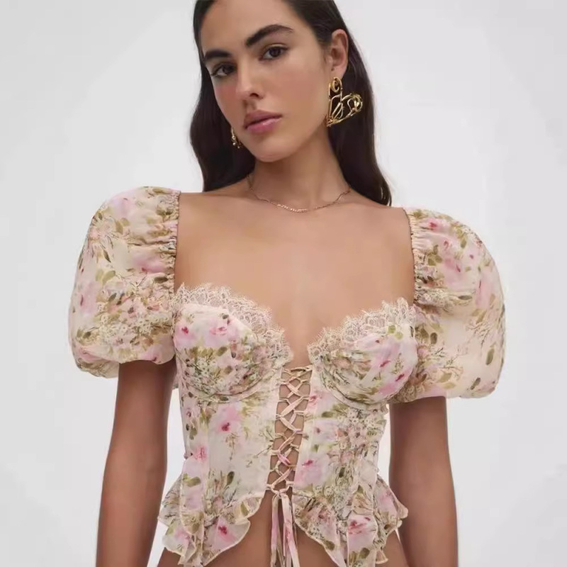 forlovelemons French Floral Square Collar Lace-Up Chiffon Sweater Spicy Spicy Ear-Edge Puff Sleeve Slim Top forlovelemons French Floral Square Collar Lace-Up Chiffon Sweater Spicy Spicy Ear-Edge Puff Sleeve Slim Top