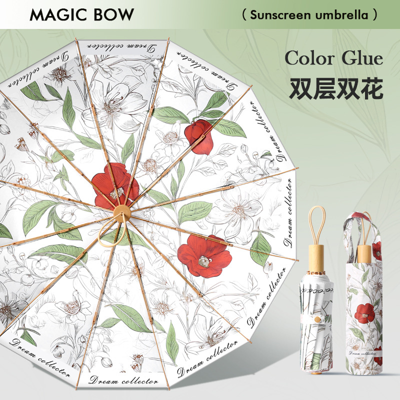 Paraguas plegable de doble capa con 24 varillas, resistente al viento y al sol, venta al por mayor para mujeres
