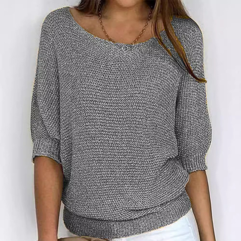 Spring New Cross-border European and American-style Solid Color Round Neck Sweater Women's Commuting Elegant Seven-sleeve Top Air-conditioning Shirt Spring New Cross-border European and American-style Solid Color Round Neck Sweater Women's Commuting Elegant Seven-sleeve Top Air-conditioning Shirt