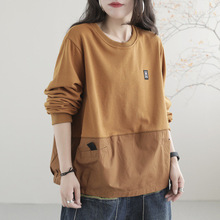 棉质纯色套头衫卫衣 春秋新款 文艺 复古长袖拼接休闲上衣女860