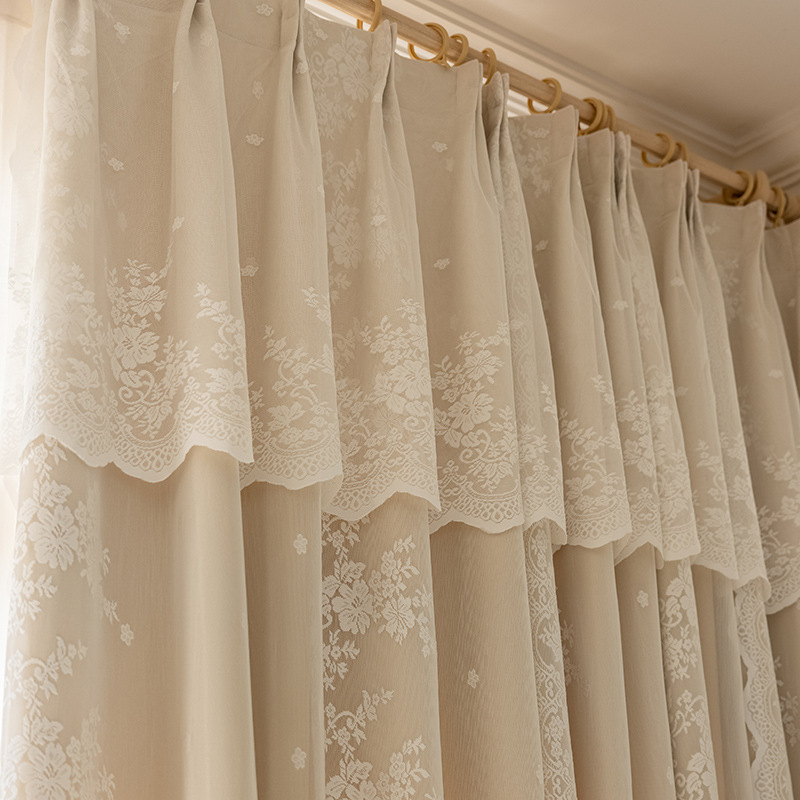 Double-Layer Lace Simple Modern French Blackout Bedroom Living Room Pure Color Balcony Floor-Standing Bay Window Hook Finished Product New Product