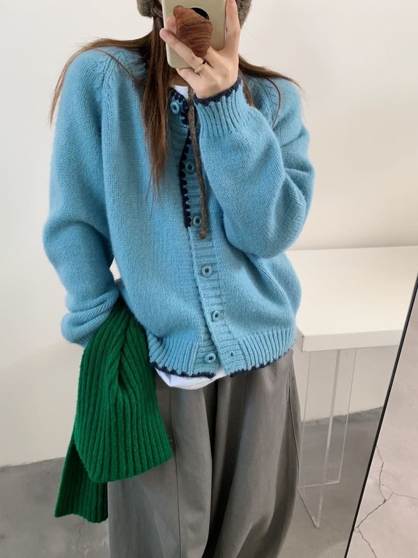 小个子韩系圆领彩扣设计感针织开衫女秋冬季新款宽松毛衣外套加厚|undefined