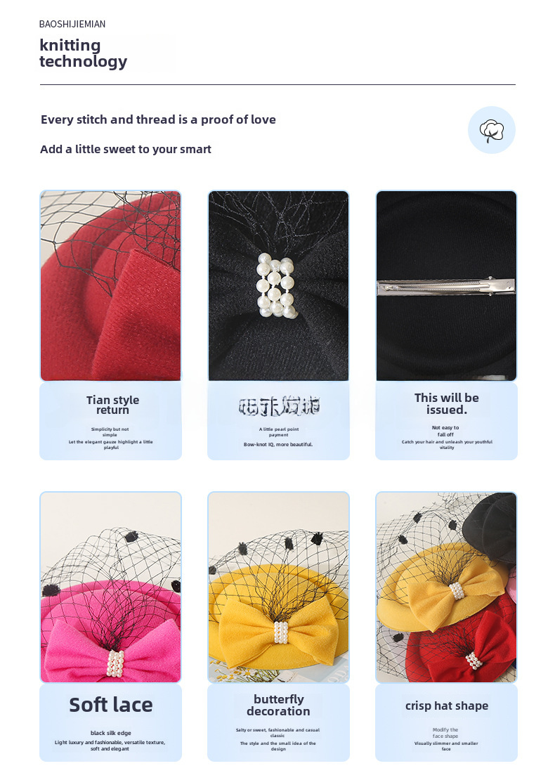 Chapeau d'hôtesse de l'air de style coréen, coiffure en épingle à cheveux, nœud en dentelle, coiffure de mariée, chapeau, épingle à cheveux, voile_voghion.com