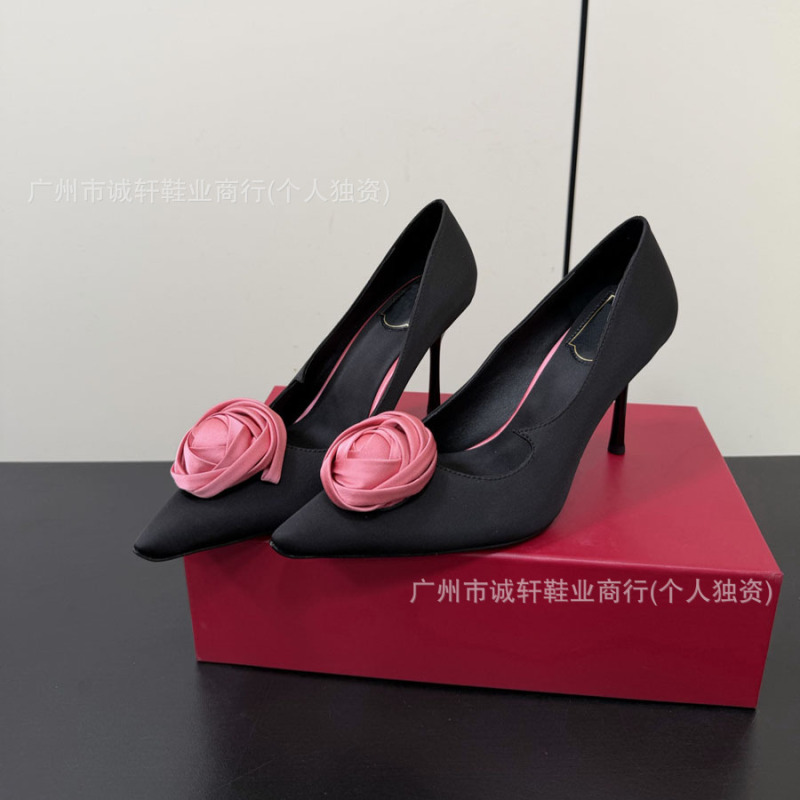 High-End Rv Satin Rose Flower Pointed-Toe High-Heeled Shoes 26 Early Spring Shallow Mouth Stiletto Fashion Party Shoes for Women