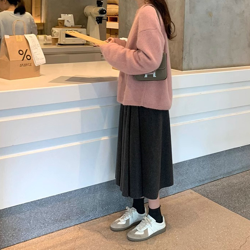 韩系穿搭厚实赫本风毛呢百褶裙高腰显瘦休闲半身裙女秋冬别致长裙|undefined