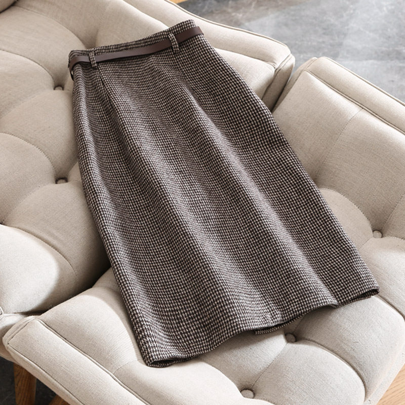 Chân váy nữ ca rô houndstooth cạp cao xẻ tà dáng ôm tôn dáng — Ca rô, Màu xám