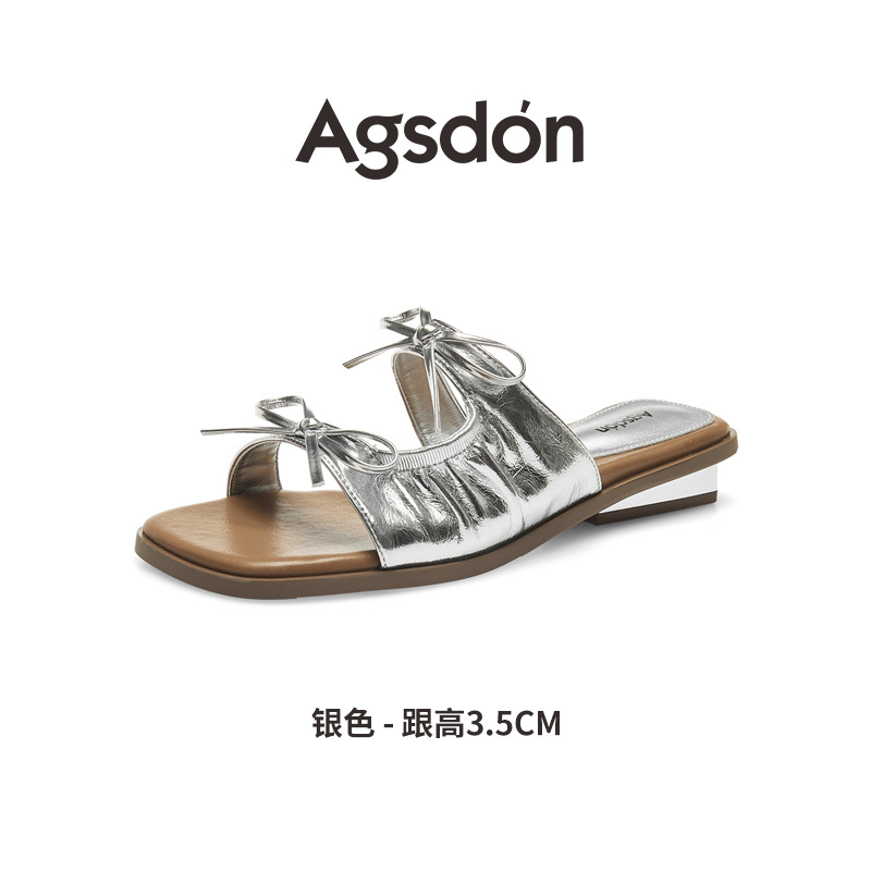 Augustion zapatillas francesas para mujer en verano 2025 nuevo estilo lazo de tacón bajo con falda sandalias de playa de fondo suave