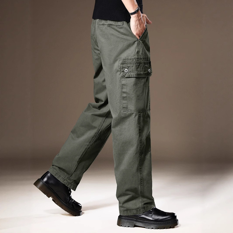 European American Retro Military Green Pure Cotton Cargo Pants Men's Spring and Autumn New Vintage Loose Straight Casual Long Pants