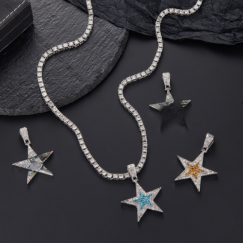 New Hip-Hop Five-Pointed Star Colorful Necklace Pendant Alloy Embedded Diamond Exquisite Fashion Star Shape Pendant Amazon Exclusive