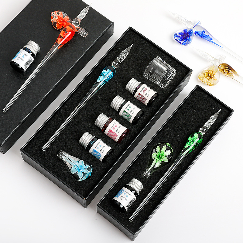 花朵系列玻璃蘸水笔学生文具玻璃笔抖音网红水晶笔商务礼品试色笔