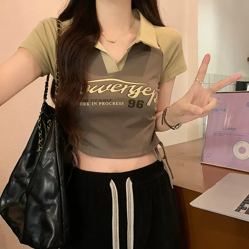 美式辣妹插肩polo领短袖t恤女夏季修身抽绳收腰短款上衣设计感潮