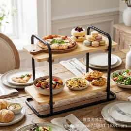 跨境木制多层零食置物架实木蛋糕甜品展示架铁艺结合熟食甜品架