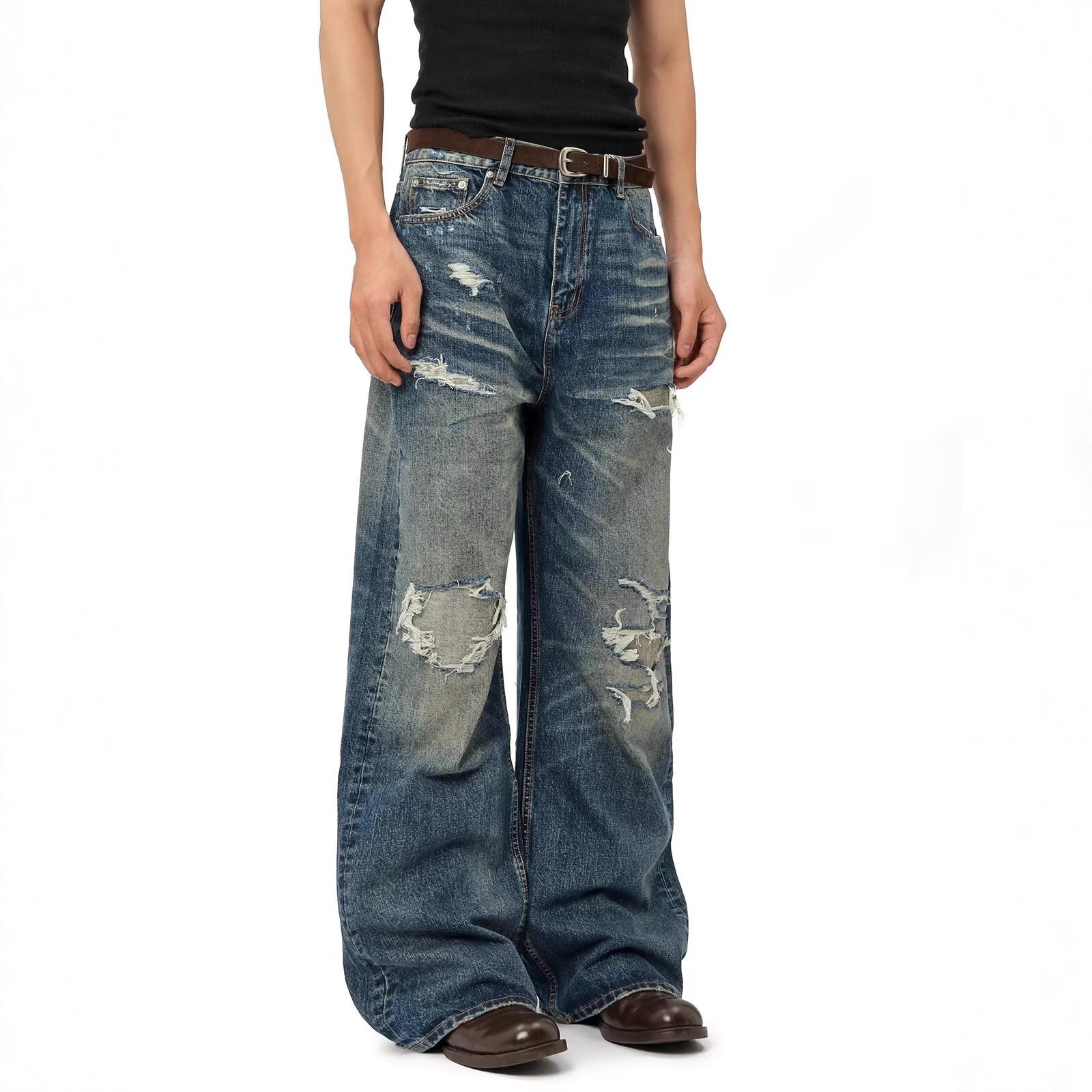 American High Street Style Ripped Whisker Flared Jeans for Men, Washed Niche Design Vintage Long Pants for Women Trendy