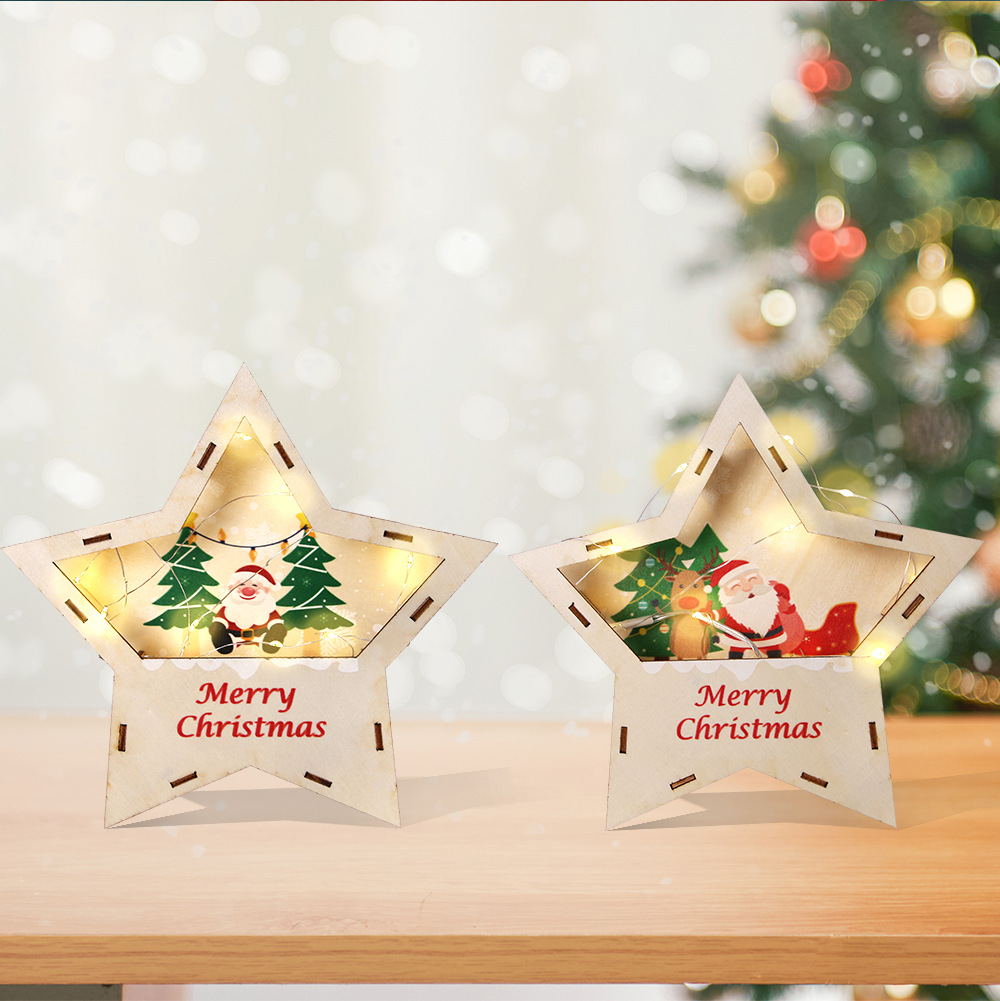 Christmas decoration three-dimensional desktop ornament, illuminated wooden pentagram LED light, children's gift_voghion.com