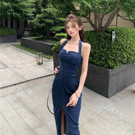 2026实拍牛仔挂脖连衣裙女性感夏季辣妹开叉包臀长裙抹胸裙子