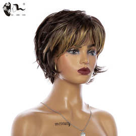 亚马逊假发女自然卷短款棕金色时尚化纤高温丝机制头套hair wigs