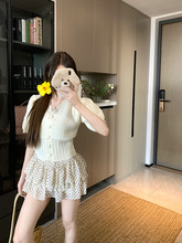 法式镂空泡泡袖针织开衫女夏季杏色收腰修身短款毛衣短袖v领上衣