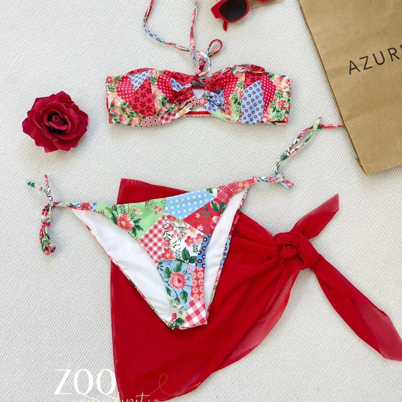 mosricci Pure Desire Red White Ethnic Print Bikini Split Swimsuit Women's Small Chest Tube-top Covered Skirt