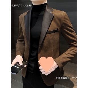 Deerskin 2024 Casual Men's Suit Jacket Autumn and Winter Hong Kong Style New Stitching Suit khaki