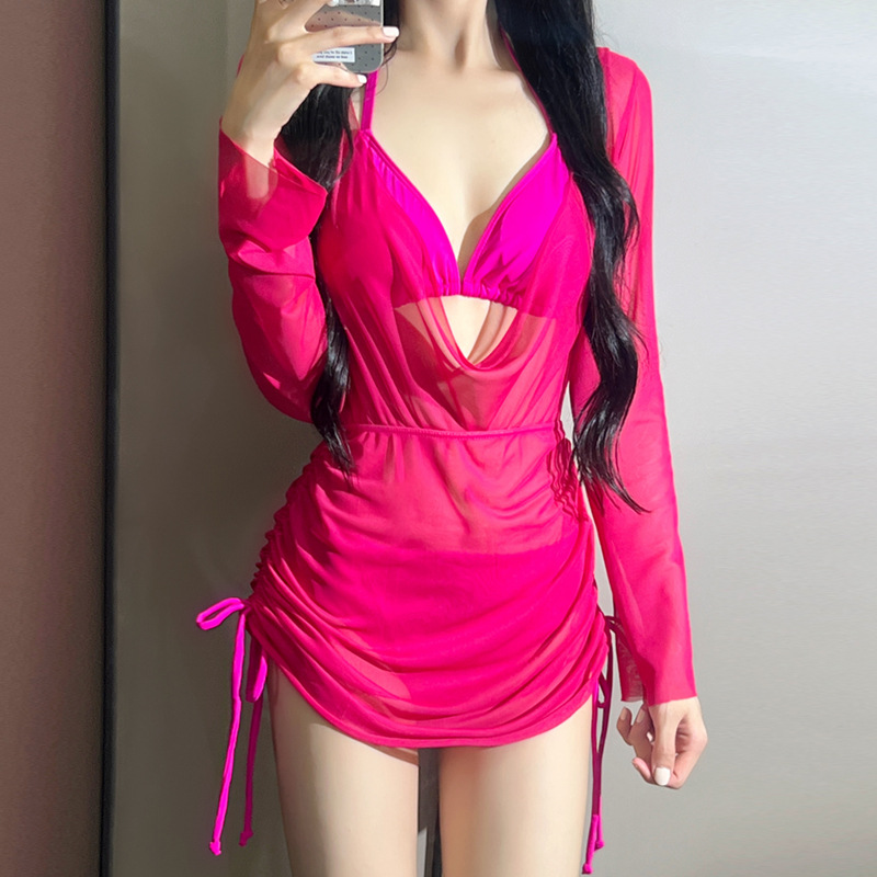 新款辣妹风比基尼性感美背小胸聚拢网纱长袖保守分体女士泳衣套装