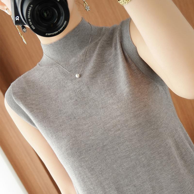 Sleeveless Half Turtleneck Bottoming Shirt for Women, Ice Silk Knitted T-Shirt for Women, Spring and Summer New Vest, Thin Top for Women