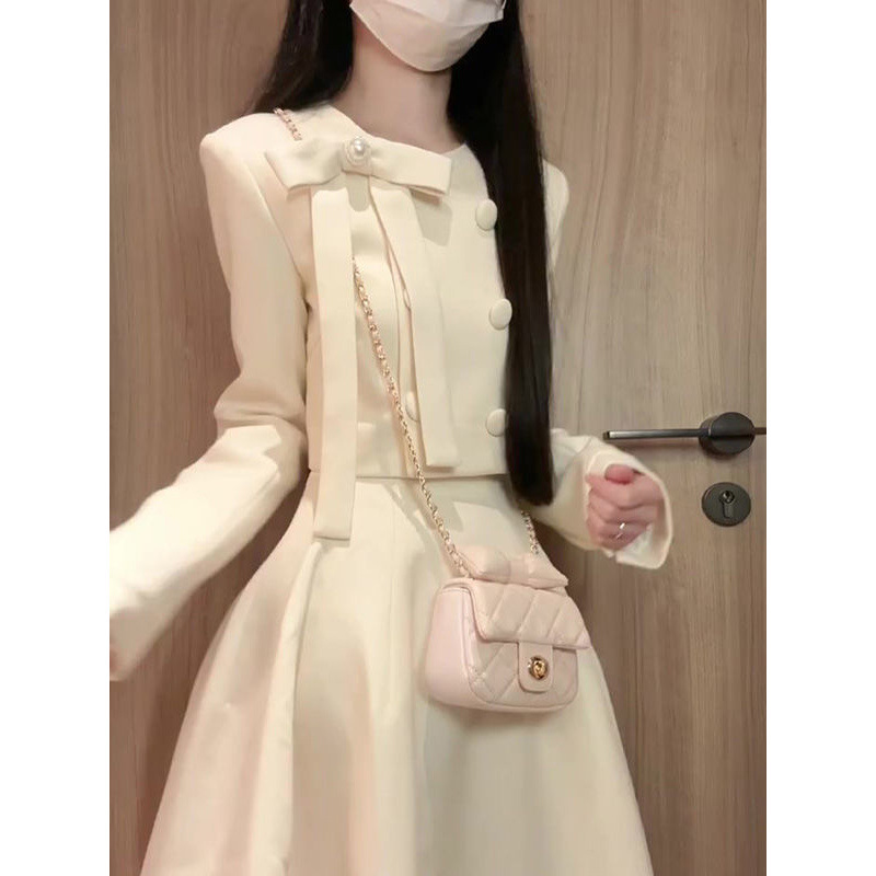 法式甜美风小香风外套套装女秋设计感短款长袖上衣高腰a字半身裙|undefined