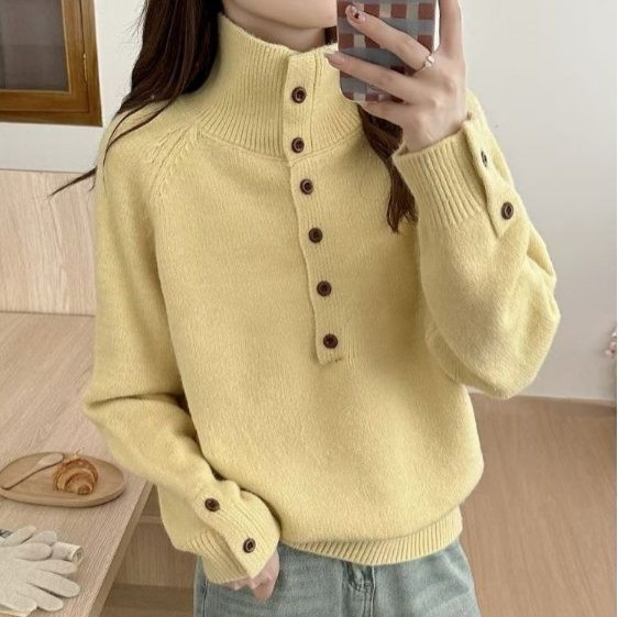 French-Style High-Neck Half-Button Design Loose Pullover Sweater 2026 New Autumn Style Elegant Versatile Knitted Top for Women