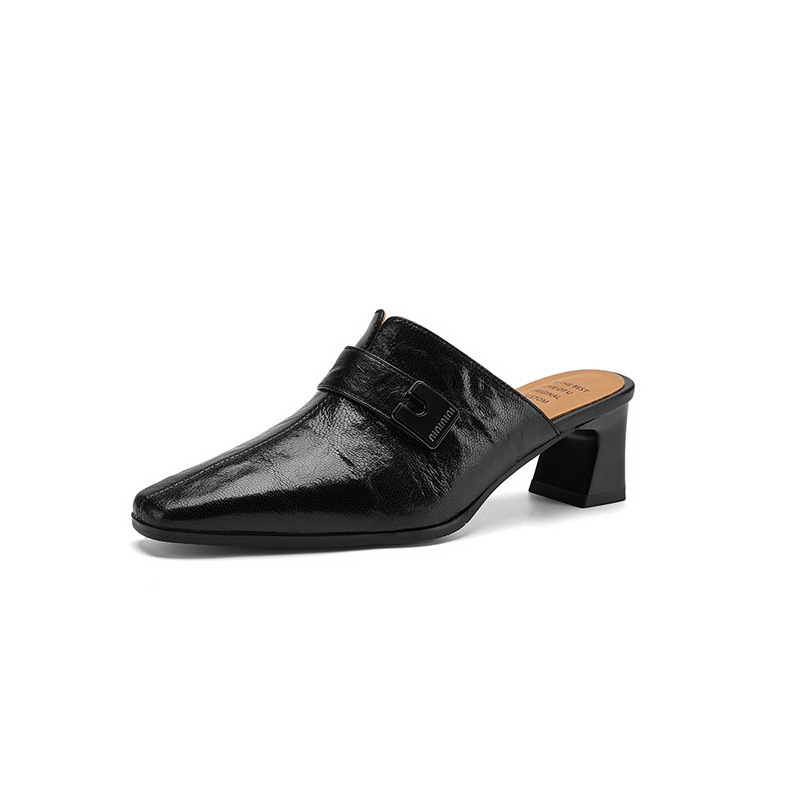 Dép sandal cao gót nữ mũi nhọn quai ngang da dê gót thô 5 cm — đen chi tiết 23