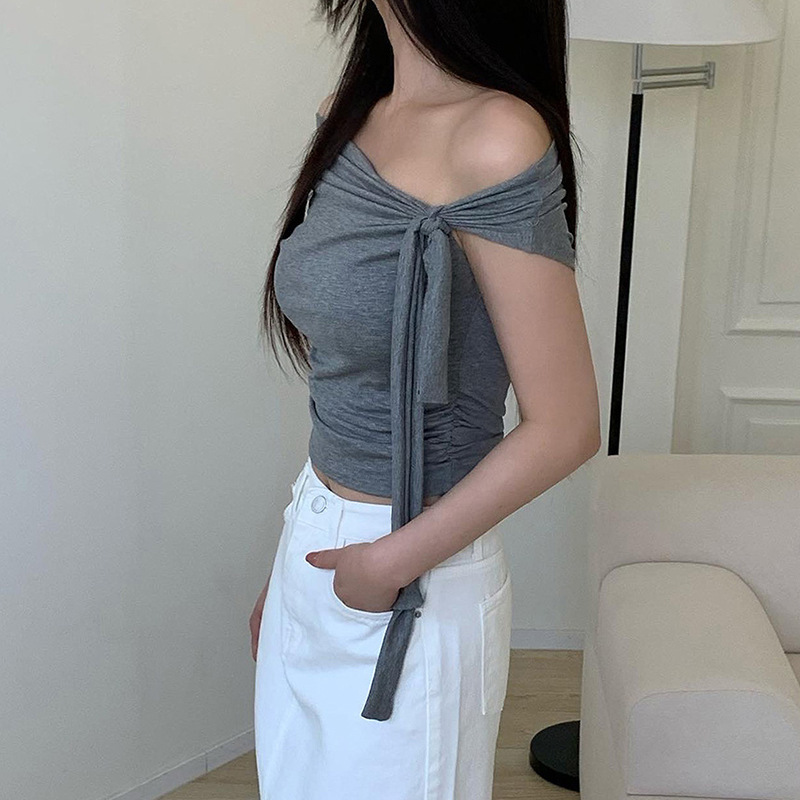 2026 Korean Version Of Chic Design Sense Asymmetrical Knotted Straps Off-the-shoulder T-shirt Pleated Waist Versatile Knitted Top_ecoleips.com