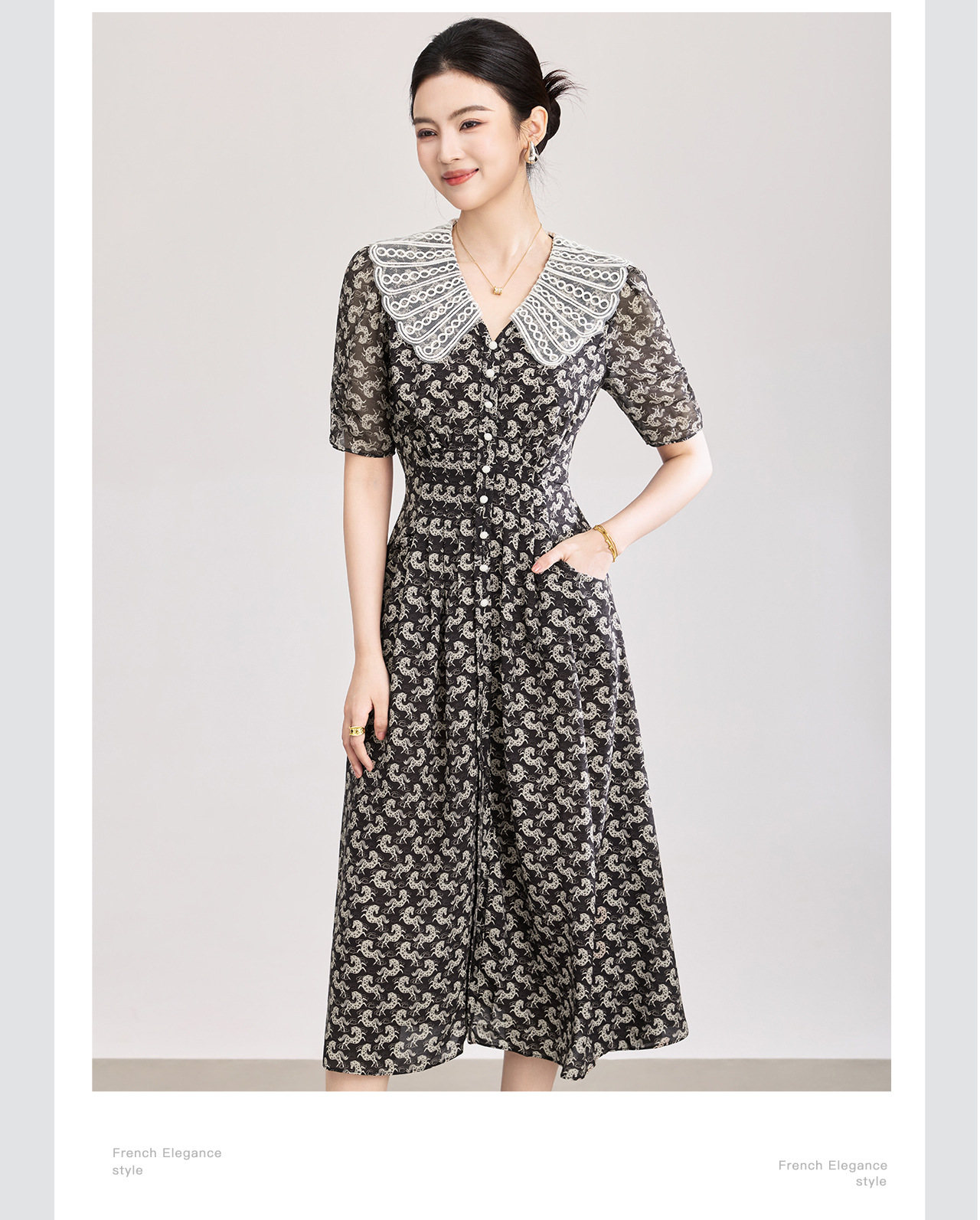 Đầm maxi nữ thắt eo in họa tiết ngựa cổ ve phối màu — màu đen chi tiết 8