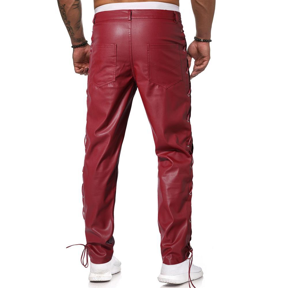 Pantalon en cuir décontracté de grande taille pour hommes avec sangle en PU de couleur unie 2024_voghion.com