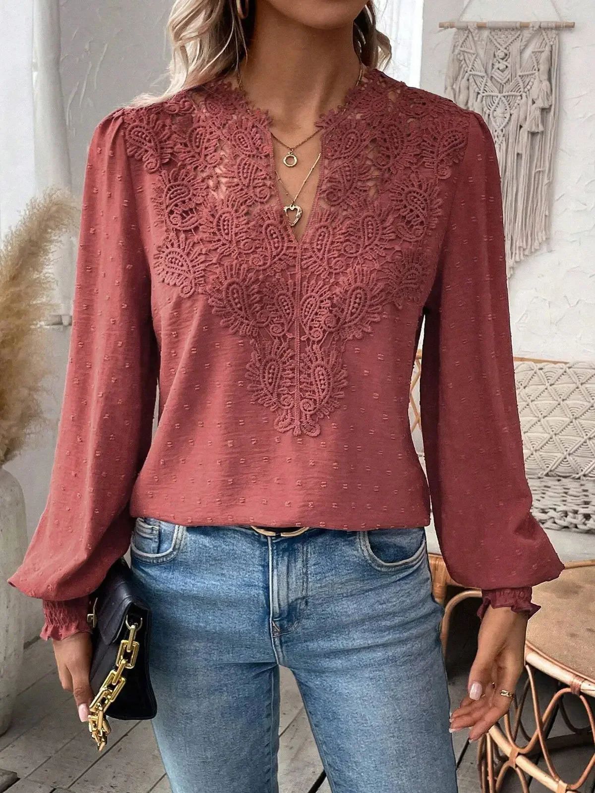 Women's New V-neck Lace Patchwork Long Sleeved Casual Shirt Women's Top_voghion.com