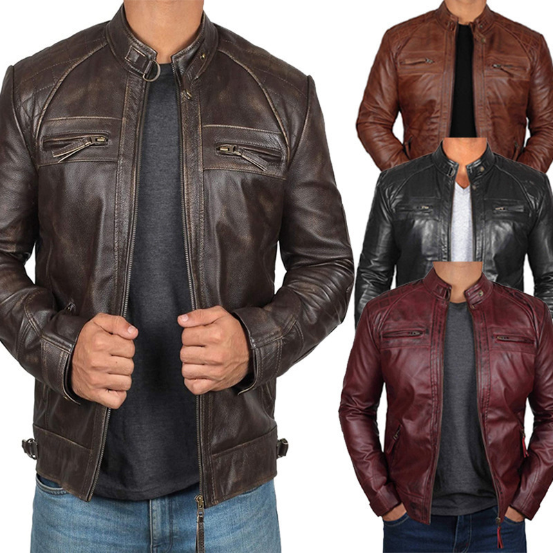 Fashion brand foreign trade Winter new European and American solid color stand collar leather coat men's punk men's motorcycle leather jacket jacket