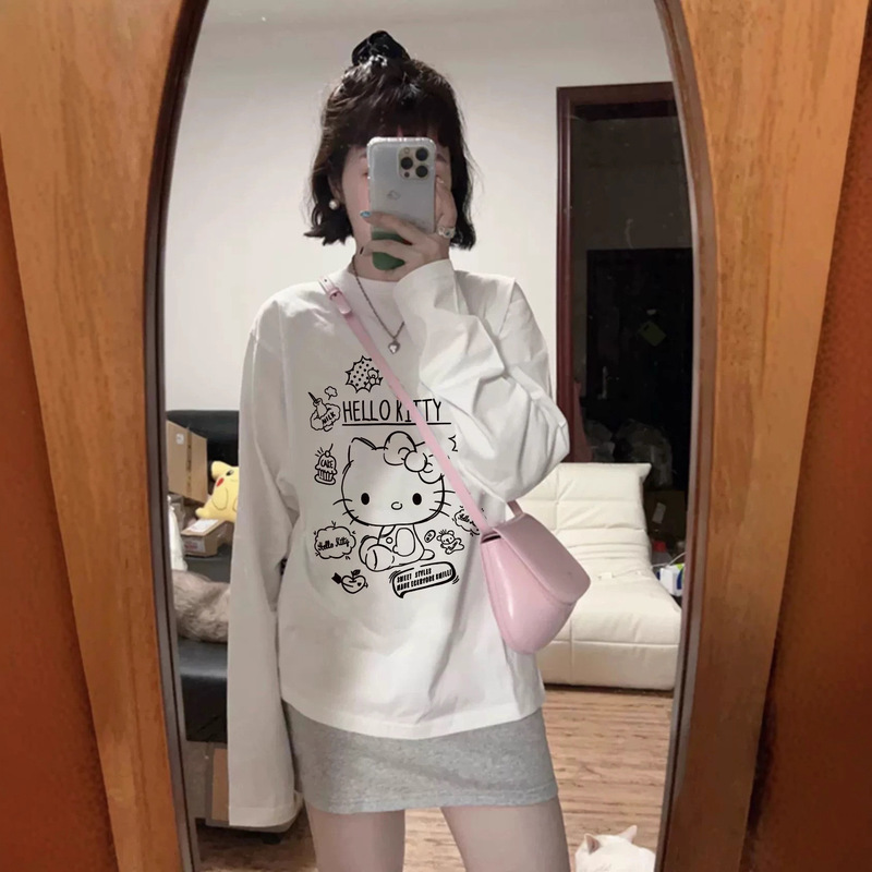 100% Pure Cotton White Long-Sleeved T-Shirt for Women Spring, Autumn and Winter New Loose Large Size Preppy Style Niche Bottoming Shirt Ins Trend