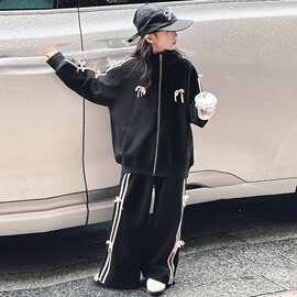 女童运动外套套装秋季新款大童洋气蝴蝶结休闲卫衣卫裤儿童运动服