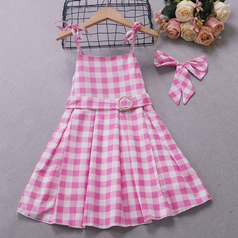Летнее розовое белое клетчатое дышащее удобное платье-подтяжка