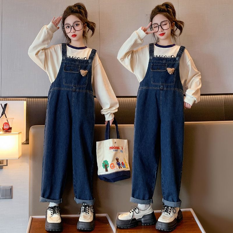 Girls' Spring Denim Overalls 2024 New Style, Stylish and Fashionable Casual Set for Big Kids and Children