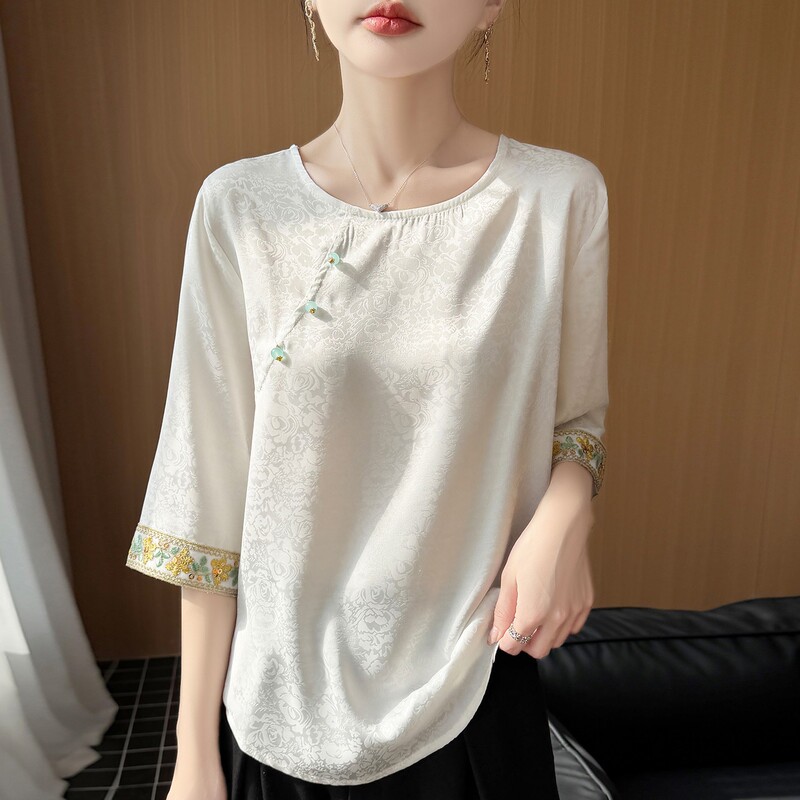 Three-Quarter Sleeve Traditional Chinese Style New Spring/Summer Women's Shirt, Round Neck Jacquard High-End Satin Versatile Loose Top Three-Quarter Sleeve Traditional Chinese Style New Spring/Summer Women's Shirt, Round Neck Jacquard High-End Satin Versatile Loose Top