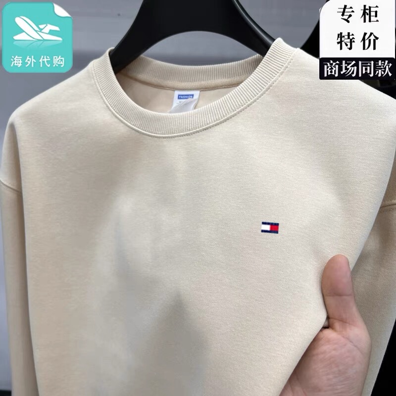Authentic Tommy Tommy Round Neck Sweatshirt Men's Spring Long-Sleeved Loose Casual Trendy Brand T-Shirt Pure Color Versatile Top Men