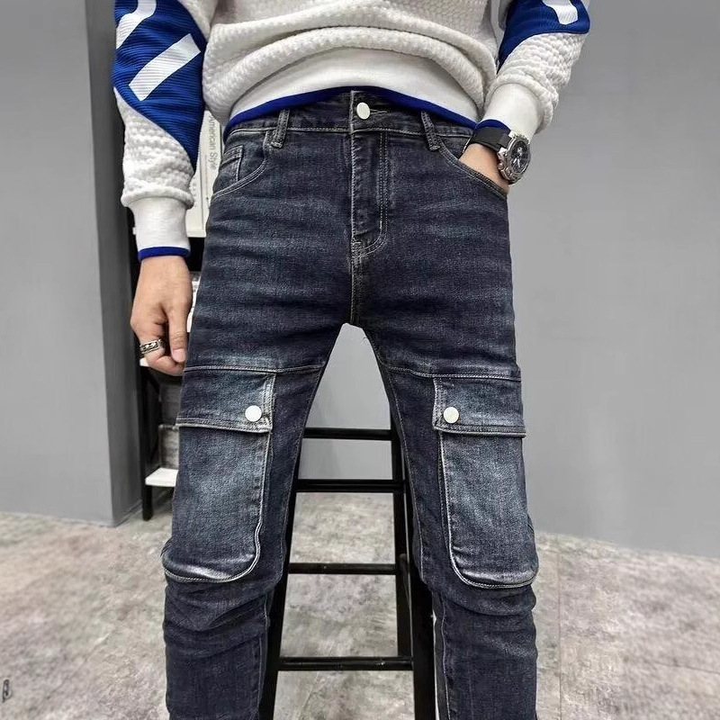 Men's Flared Jeans Spring/Summer Design Workwear Side Pocket Trendy Retro American Casual Straight-Leg Pants