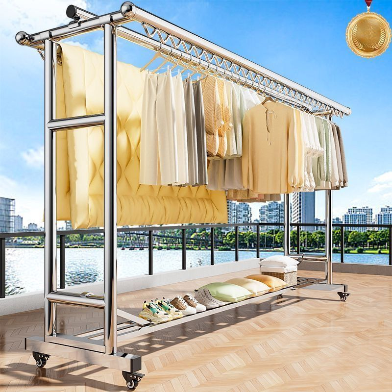 304 Windproof Stainless Steel Clothes Drying Rack, Thickened Balcony Floor-Standing Quilt Drying Rack, Outdoor Retractable Folding Mobile Home Use