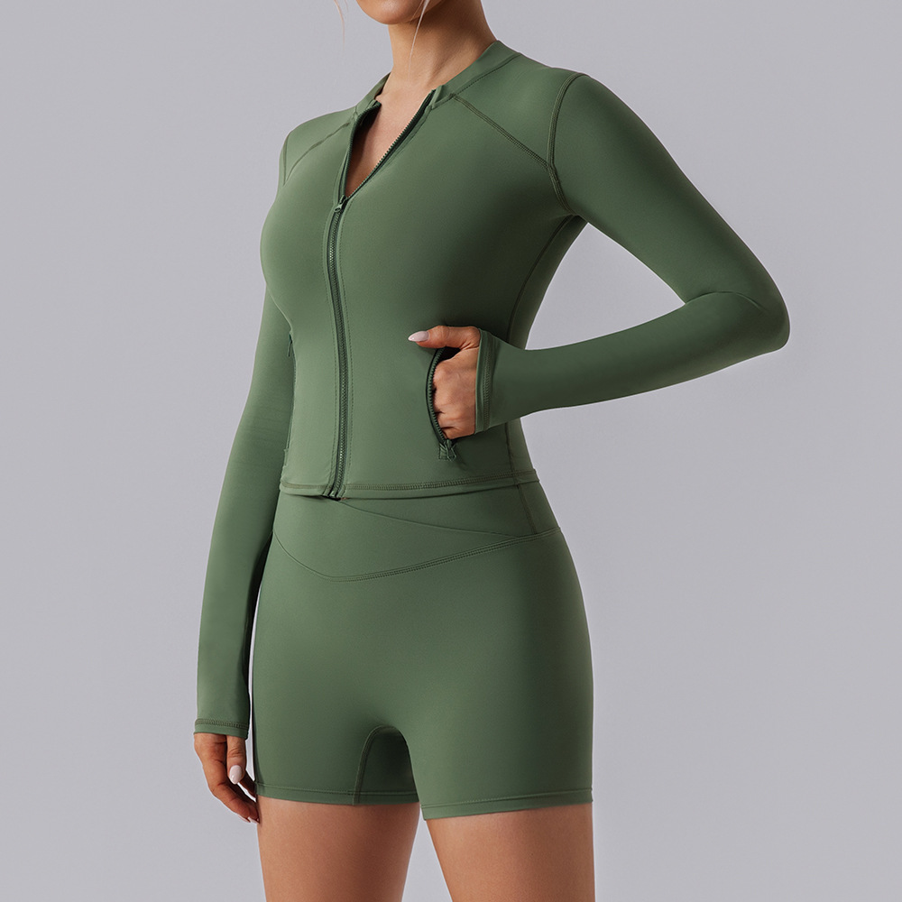 Europa y los Estados Unidos de alta elasticidad gimnasio camisa deportiva de mangas largas para mujeres delgada cardigan con cremallera apretada para correr chaqueta de yoga