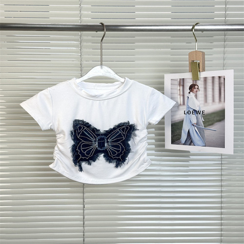 Women's Summer 2025 New 3D Washed Denim Frayed Butterfly T-Shirt Korean Version Pleated Solid Color Versatile T-Shirt